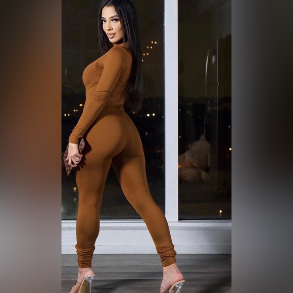 CHOCOLATE BROWN HIGH NECK FLEECE LINED JUMPSUIT - Picture 7 of 10